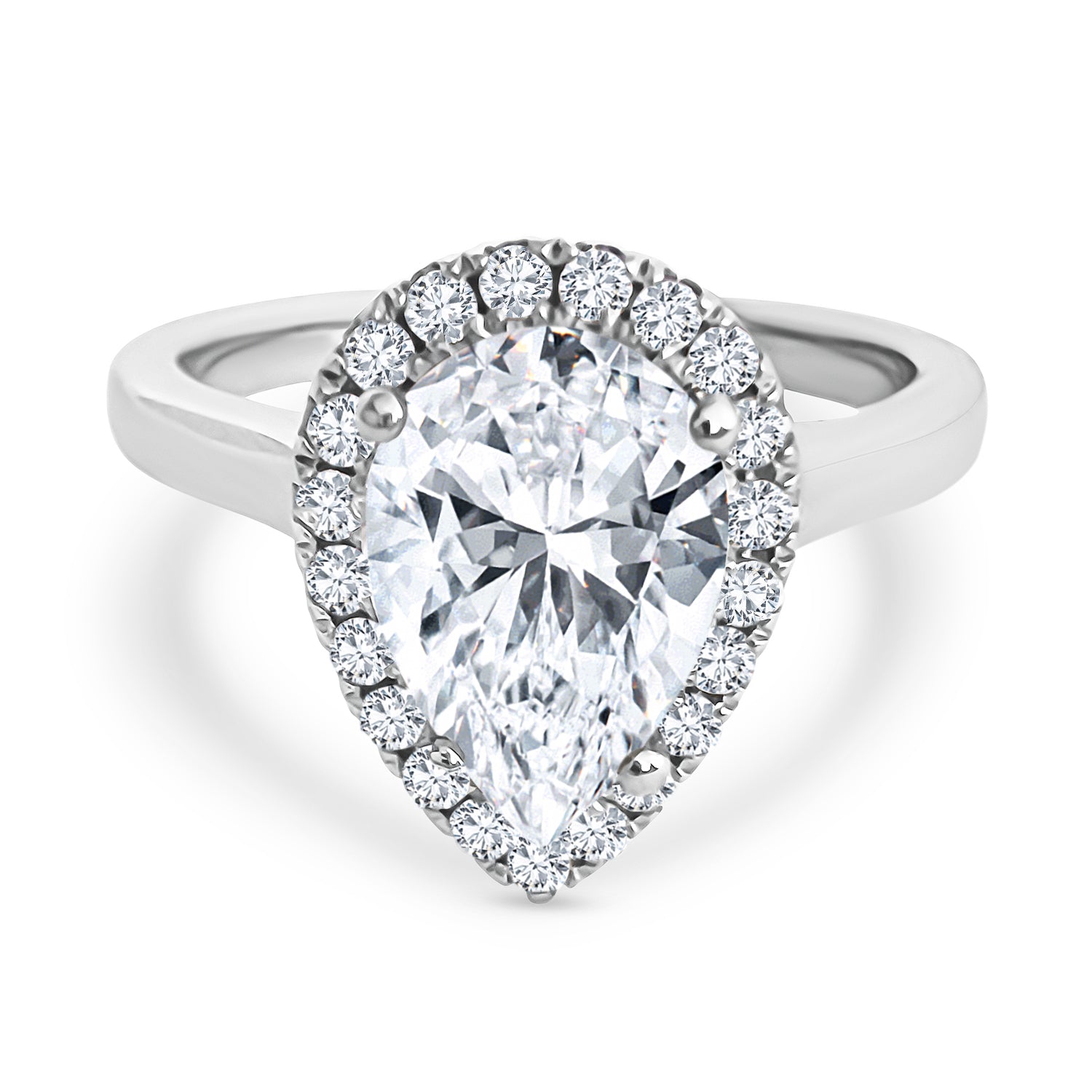 Diamond ring with a pear-shaped center stone on a white background